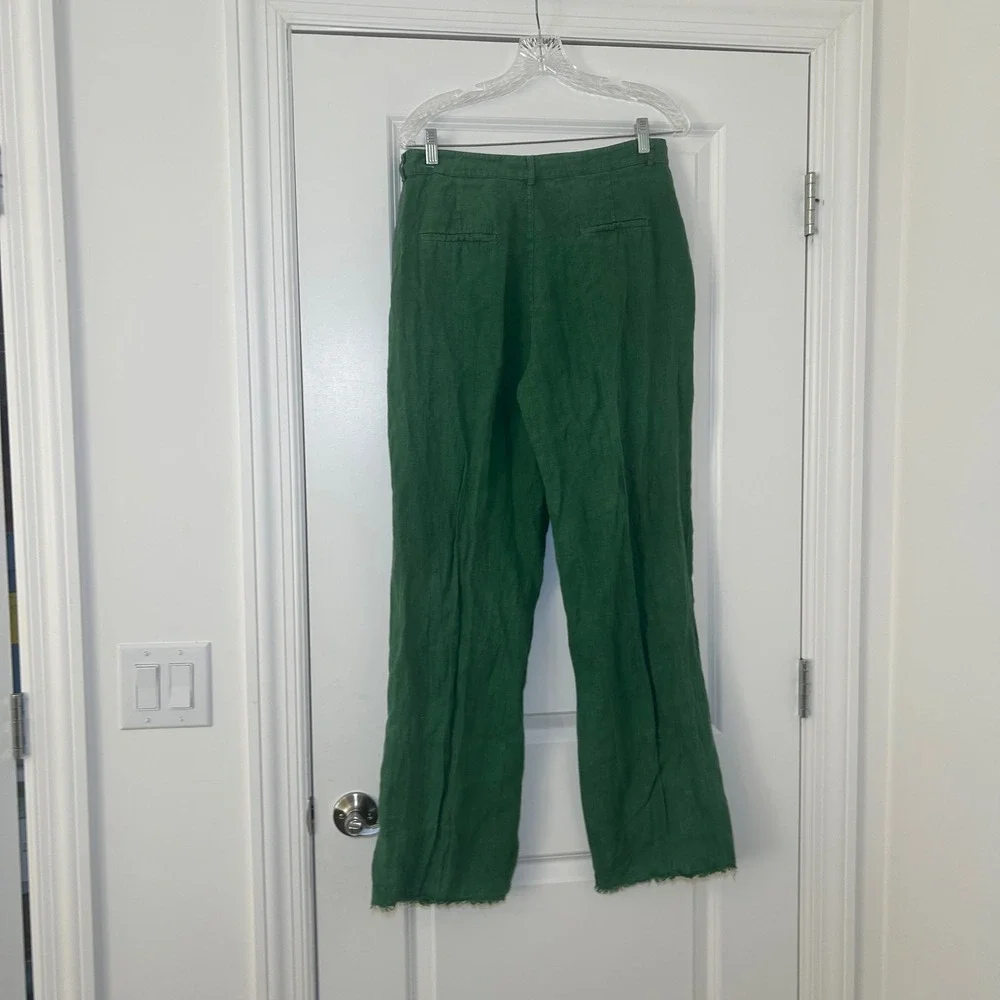 Zara Green Linen Wide Leg Pants High Waisted Frayed Hem Trousers Medium breezy